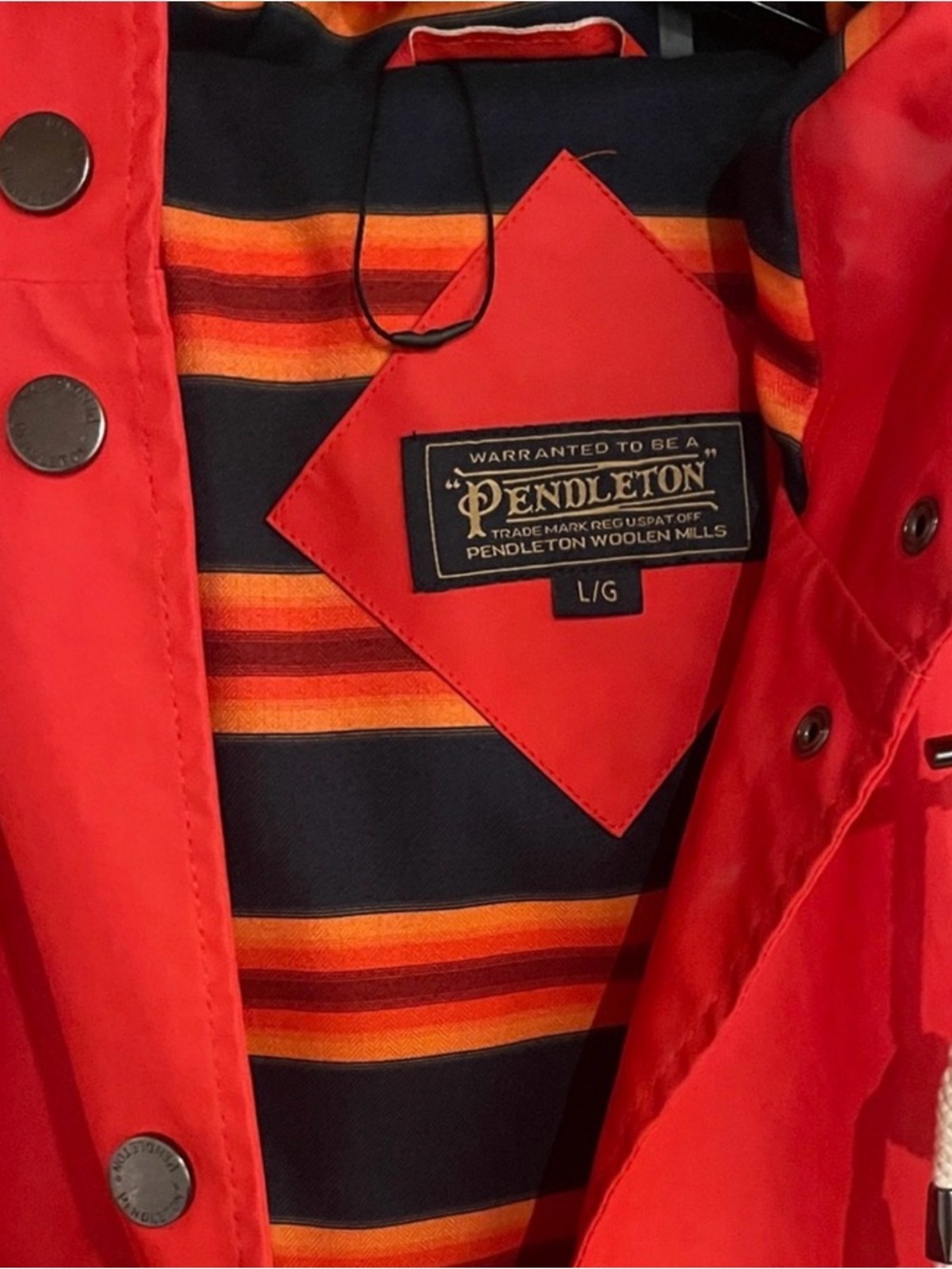 Women’s Pendleton Bright Orange Hooded Raincoat with Striped Interior - Picture 2 of 2